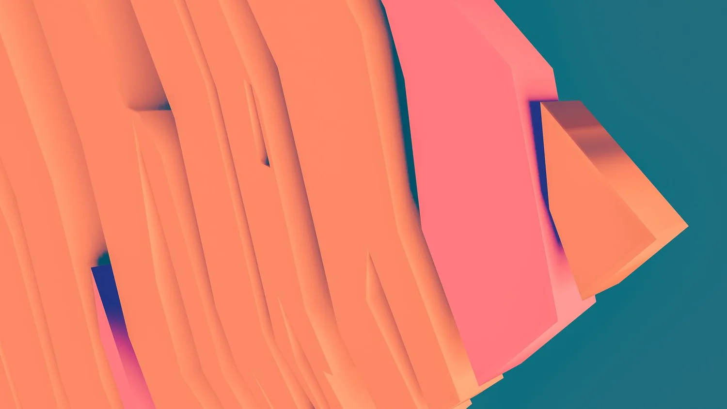 Coral and turquoise abstract 3D shapes arranged in layered planes.