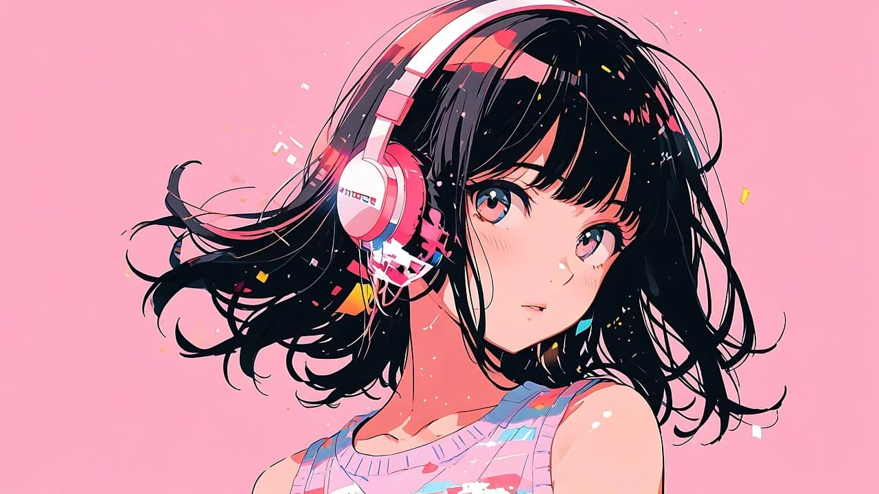 An illustrated dark-haired anime girl wearing pink headphones against a pink backdrop.
