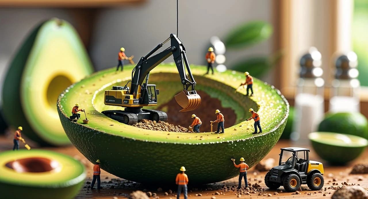 Miniature workers and an excavator transform an avocado into a construction site.