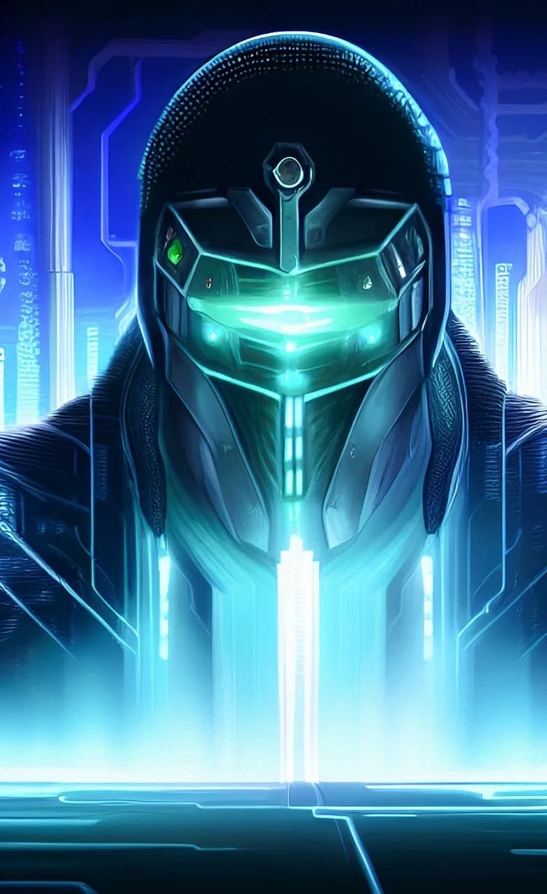 Armored cyberpunk figure in rain with blue and magenta neon.