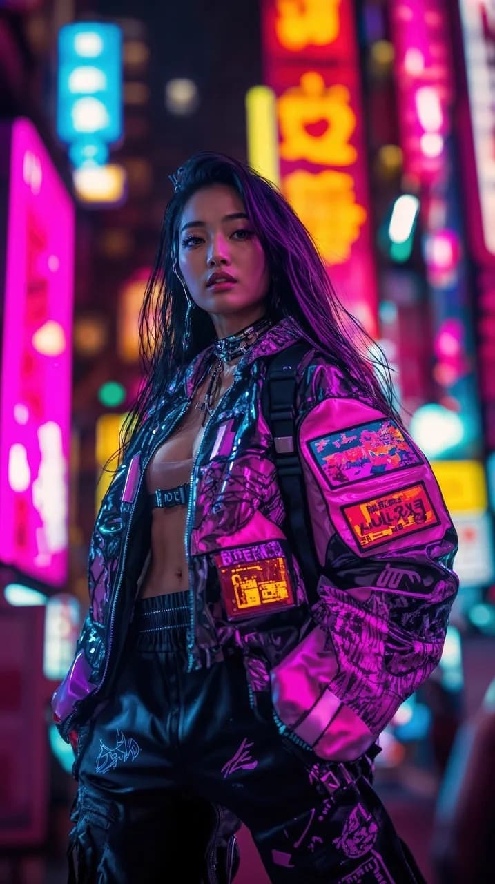 Woman in vivid magenta and cyan futuristic streetwear among neon signs.