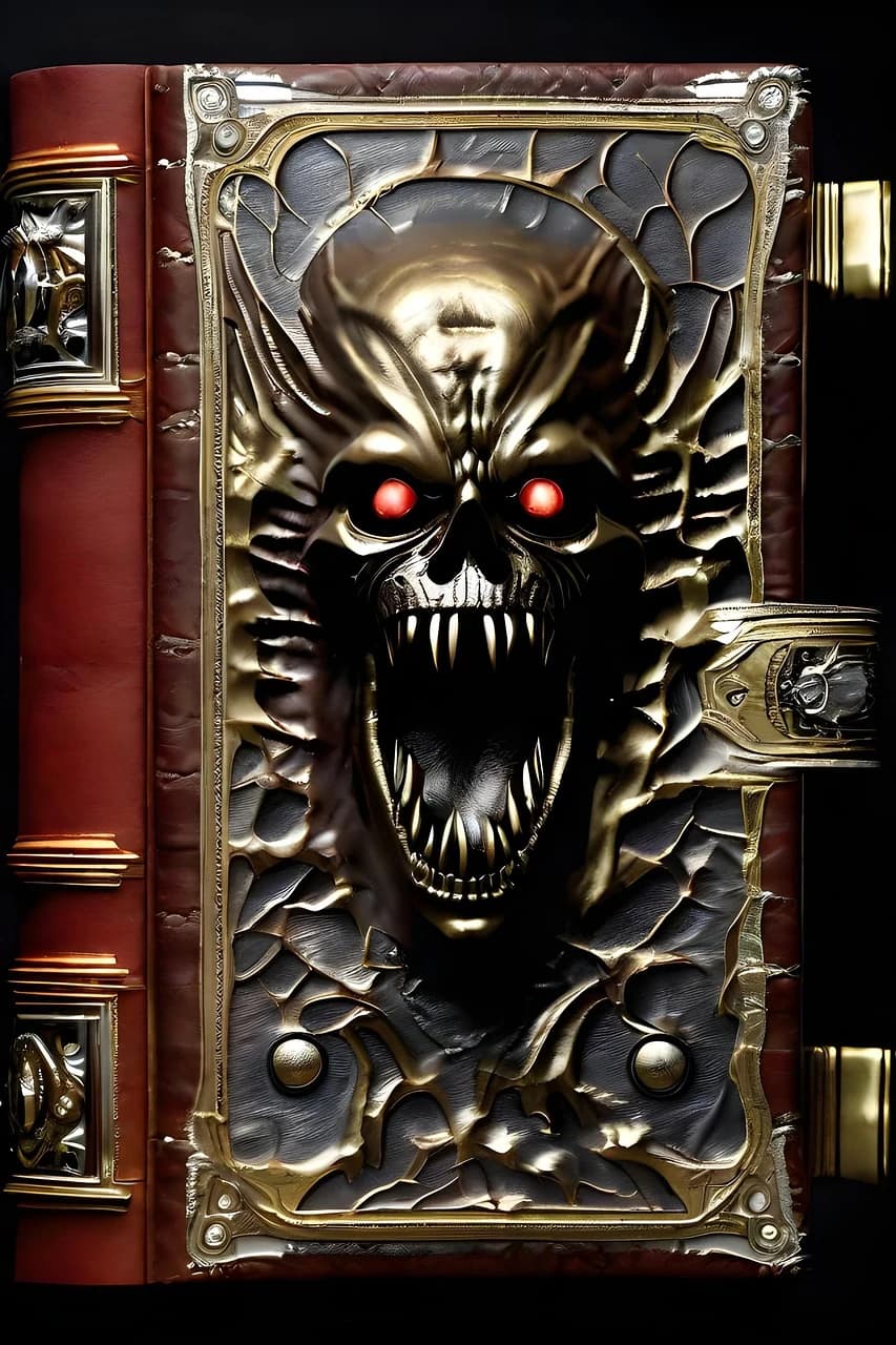 An ornate dark fantasy book cover with a sculpted creature and glowing red eyes.
