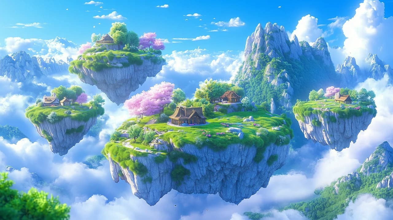 Bright floating islands with green gardens and cherry blossoms above clouds.