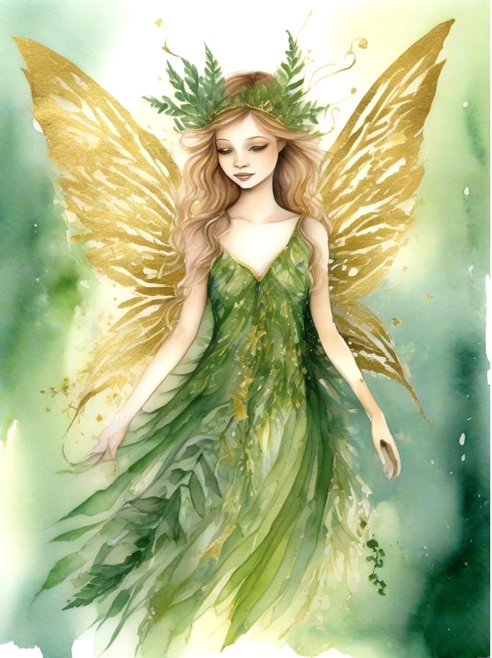 A golden-winged fairy in a flowing green dress, painted in soft watercolor.