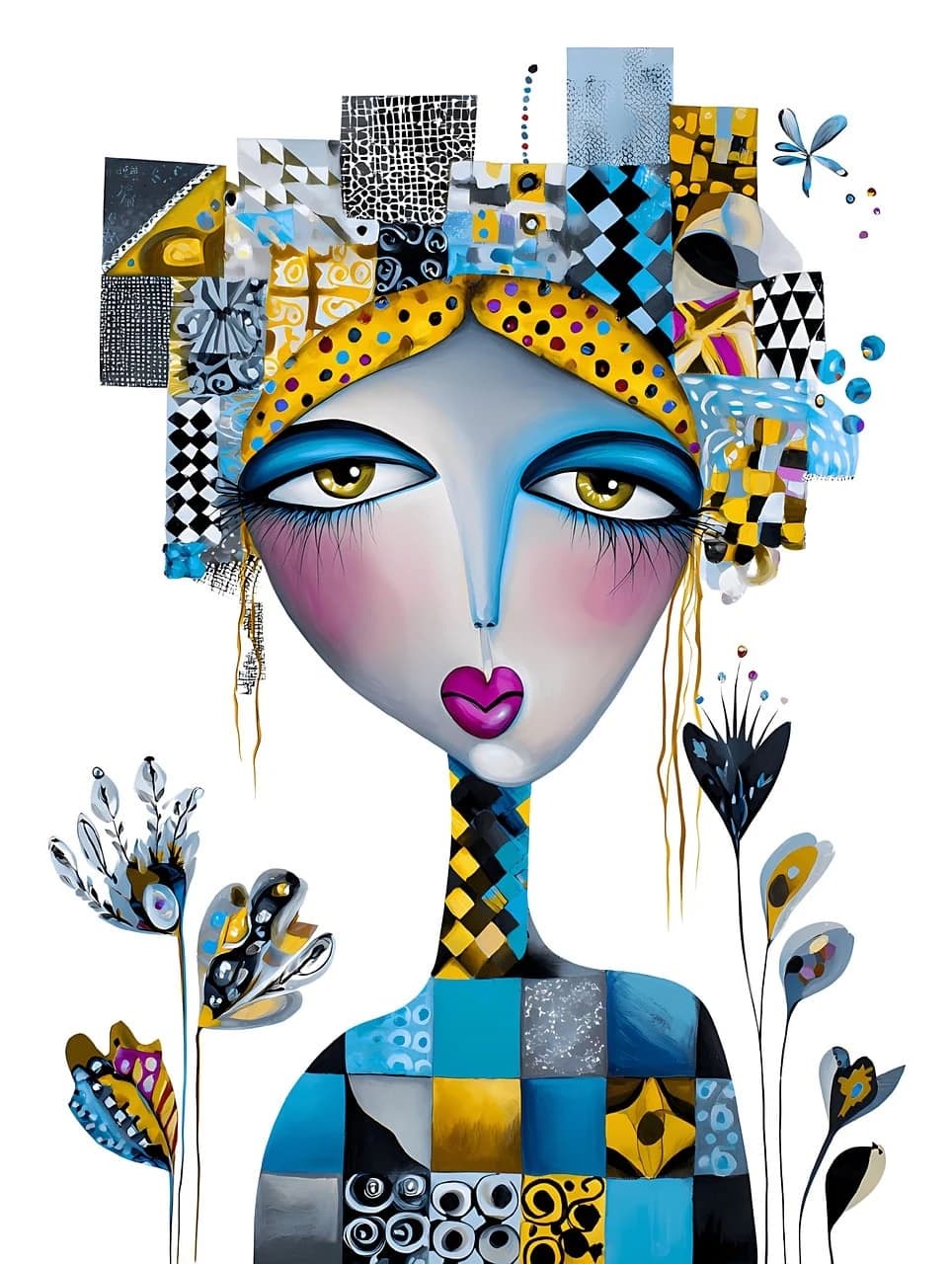 A stylized female portrait assembled from geometric patterns and colorful collage.