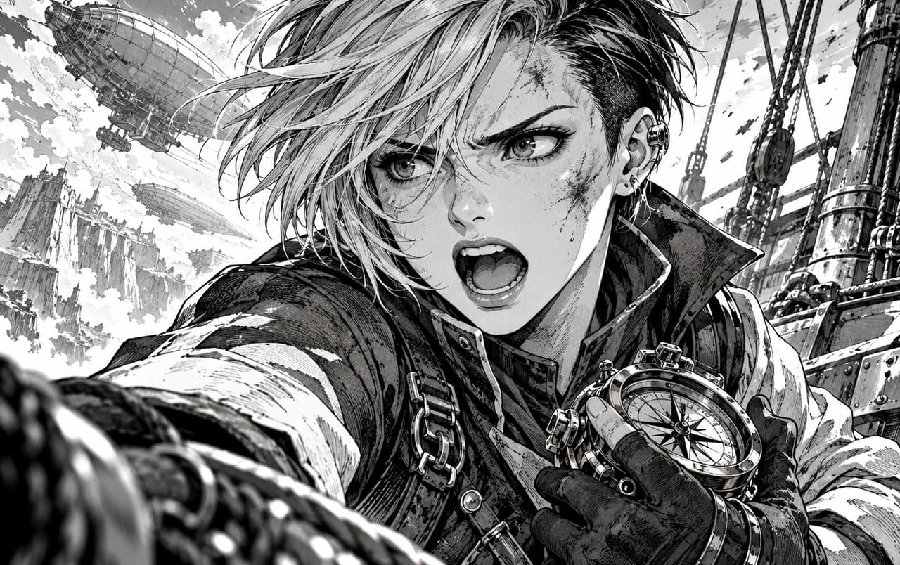 An original airship mechanic raises a warning while gripping a compass in a high-contrast monochrome manga illustration.