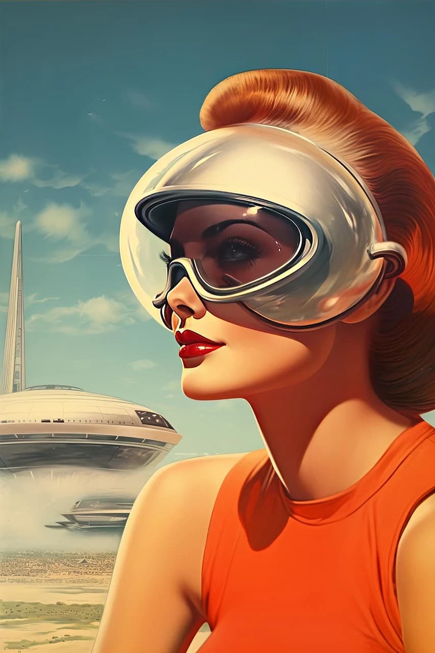 A retro-futurist illustrated woman wearing a sculpted visor and orange outfit.