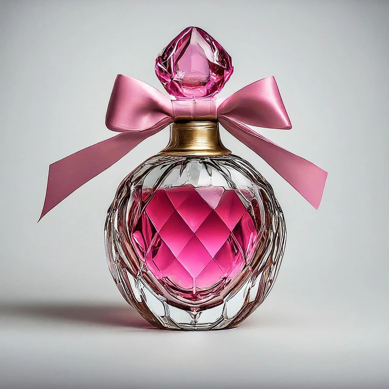 A faceted pink perfume bottle with an oversized satin bow.