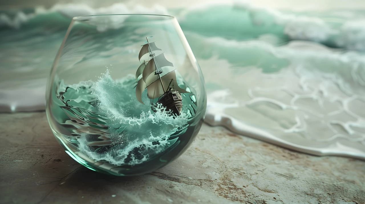 A miniature sailing ship riding ocean waves inside a wine glass.