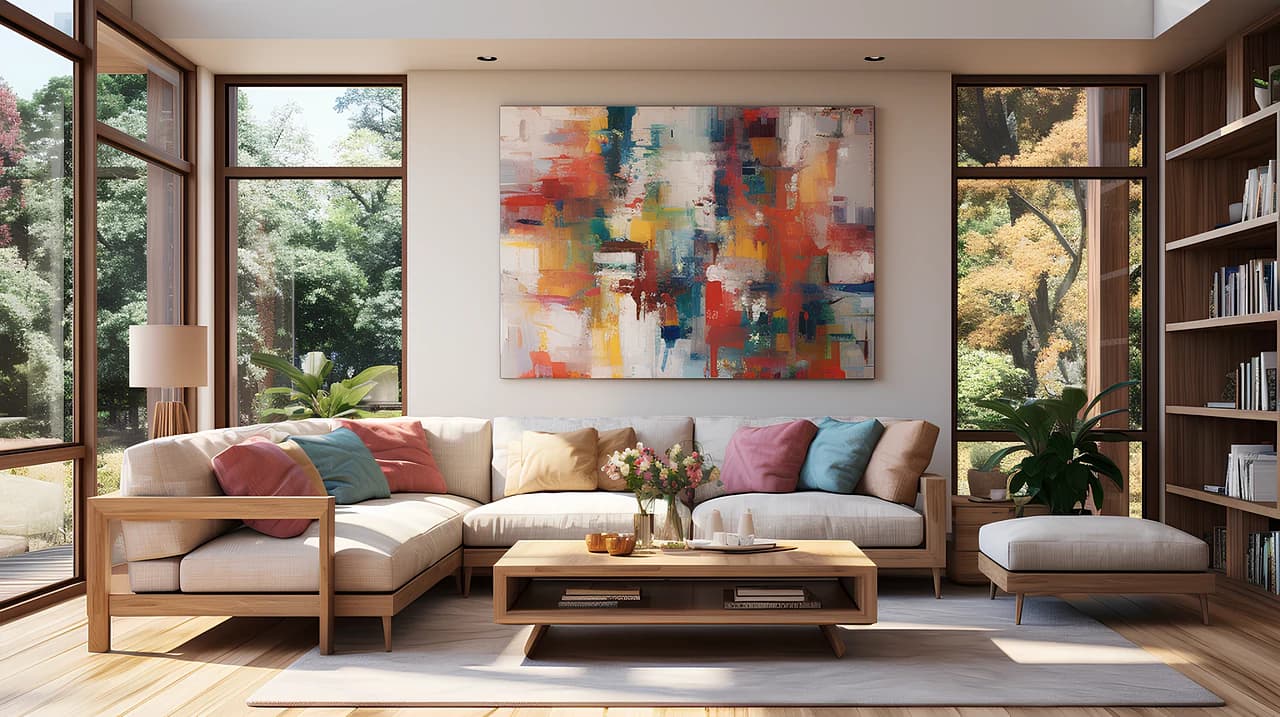 A light-filled living room with a sofa, artwork and warm natural materials.