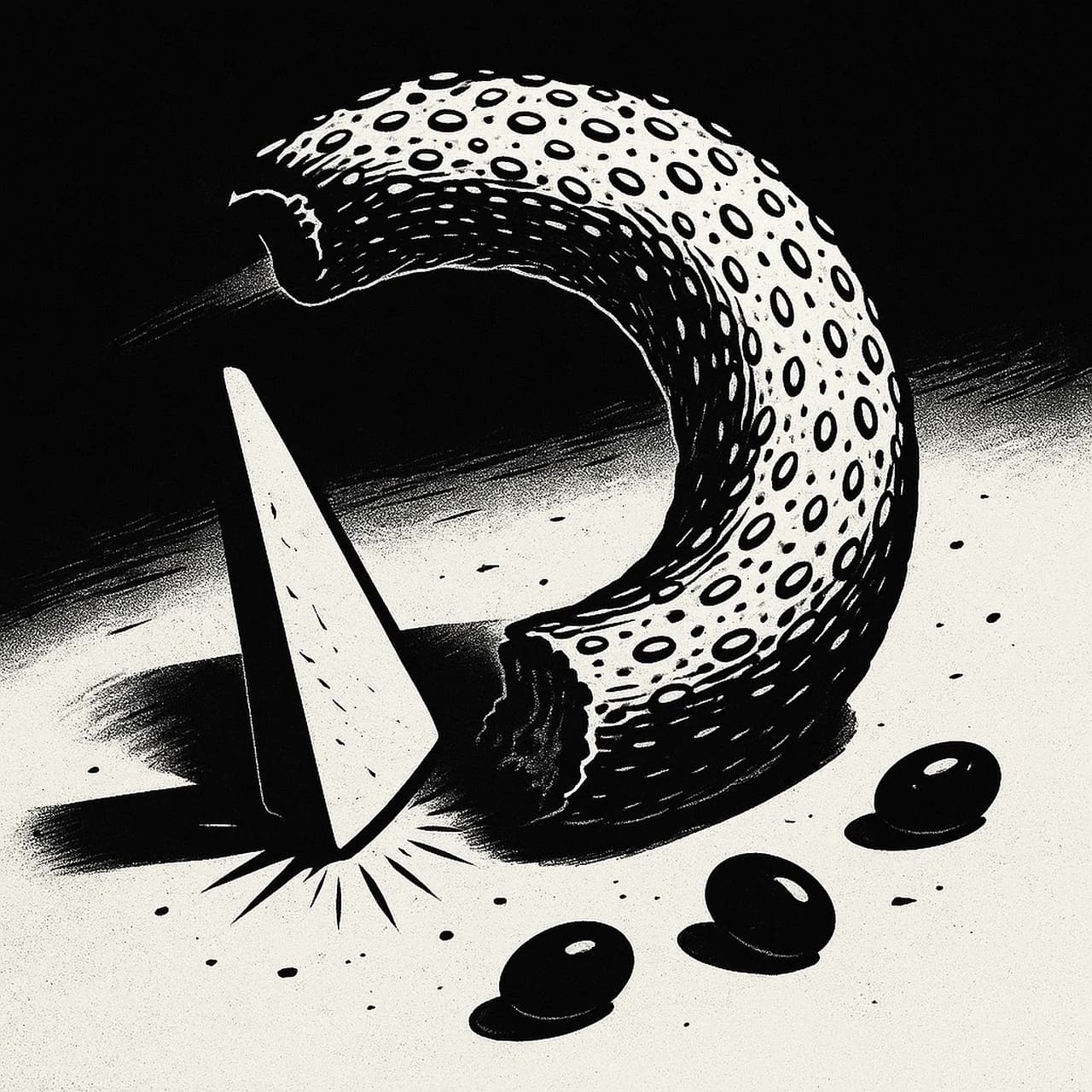 A black-and-white graphic poster featuring an impossible curved, patterned food form.