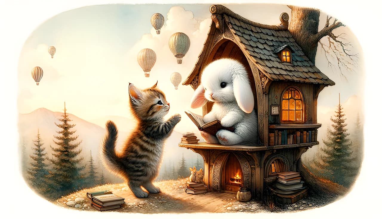 A cat visiting a rabbit at a whimsical woodland treehouse.