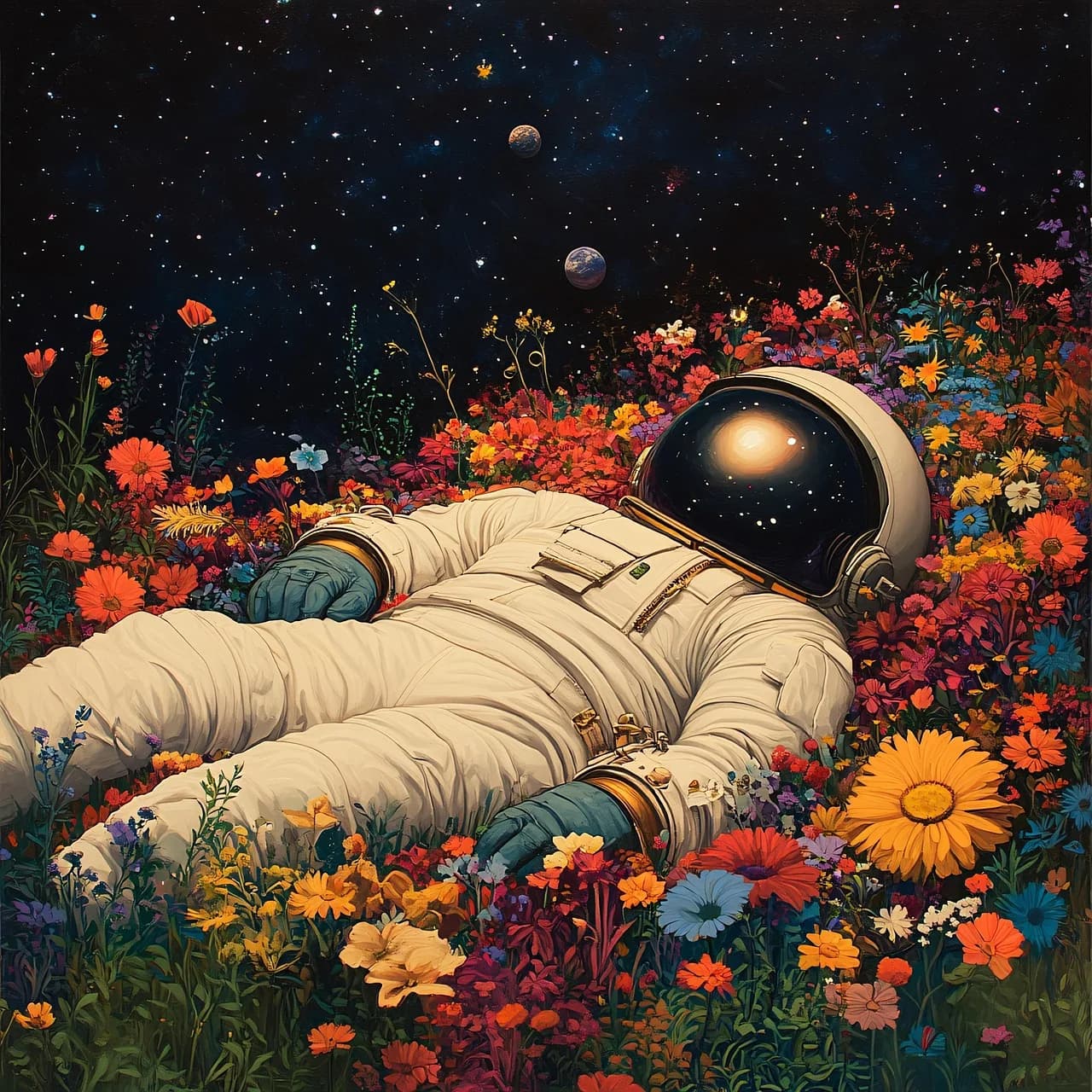 An astronaut surrounded by a vivid field of flowers.