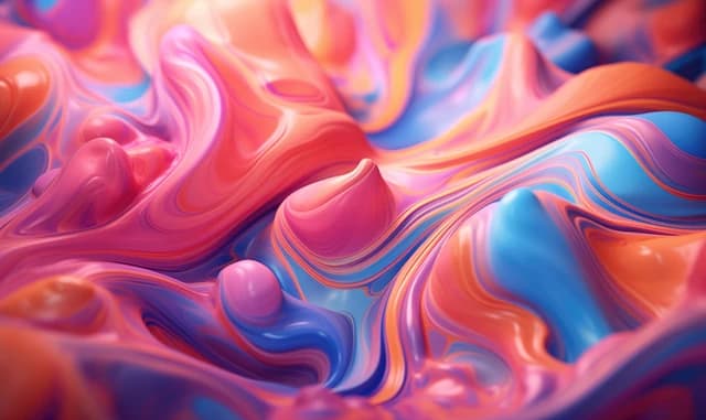 Glossy pink, orange, blue and purple fluid forms in a 3D artwork.