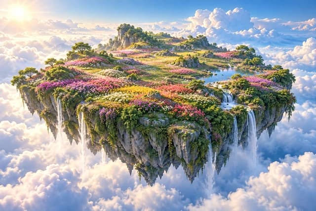 A dreamlike floating island covered with colorful flowers.